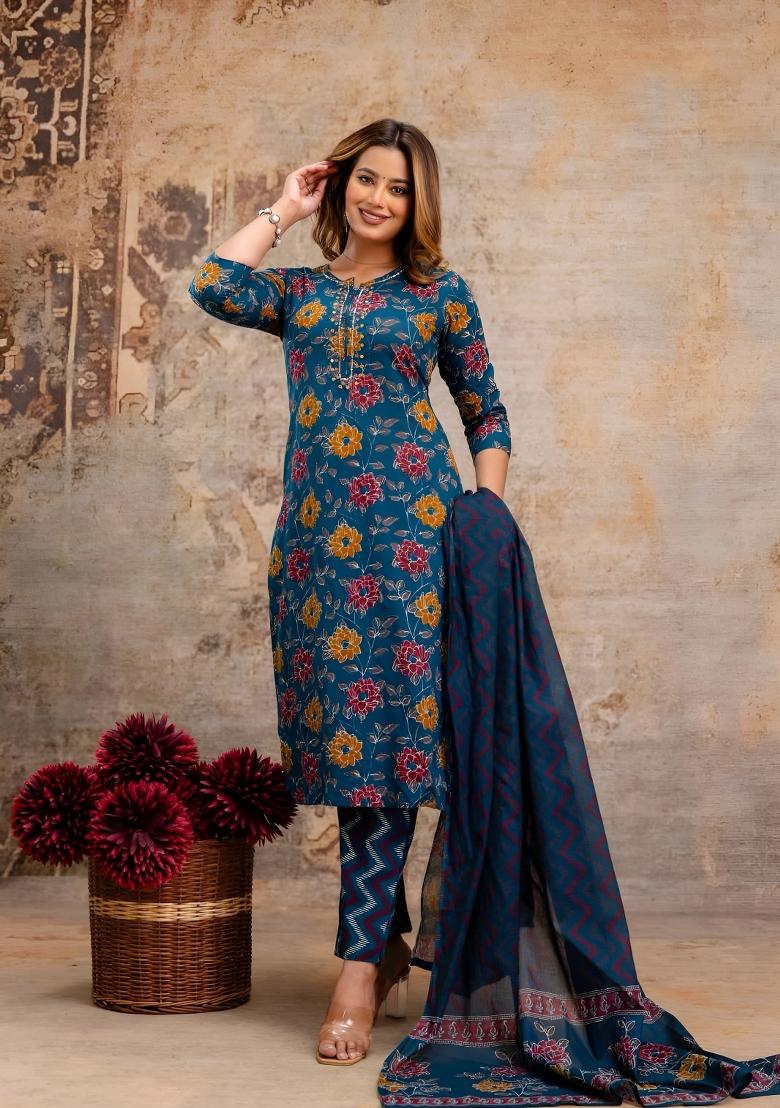 Green Printed Cotton Kurta Set - Indya