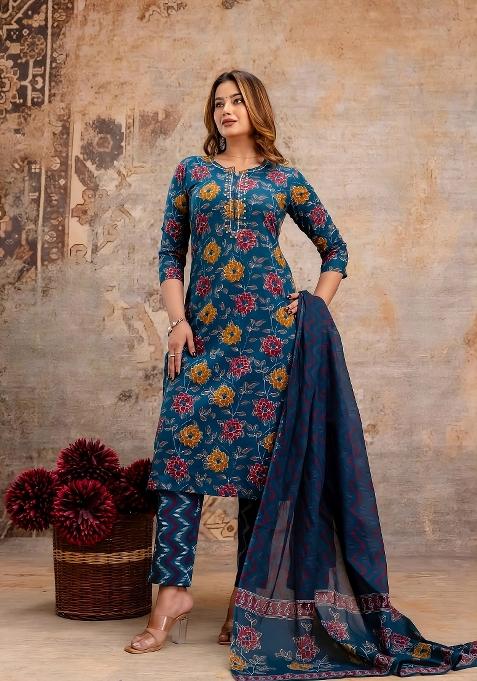 Green Printed Cotton Kurta Set