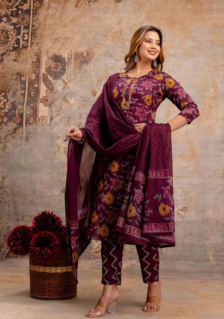 Red Printed Cotton Kurta Set - Indya