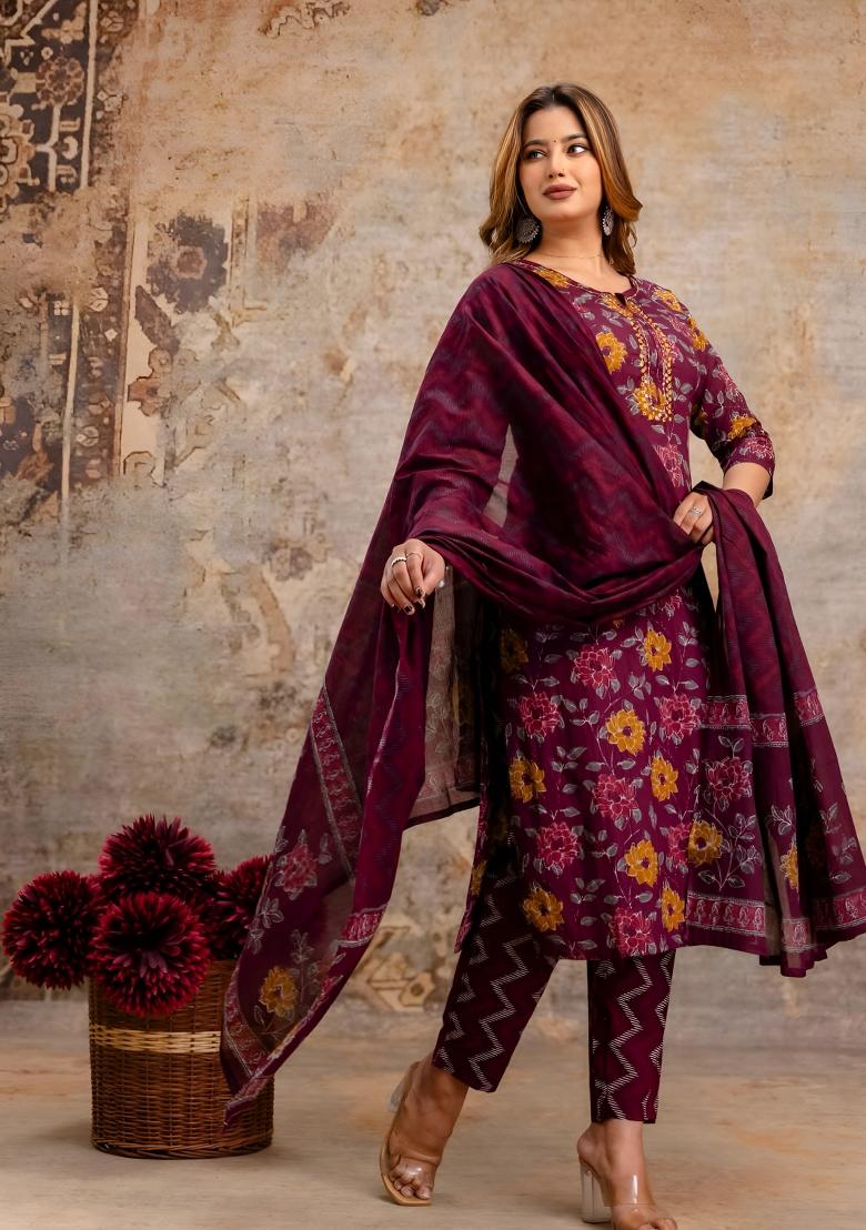 Red Printed Cotton Kurta Set - Indya