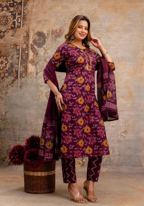 Red Printed Cotton Kurta Set
