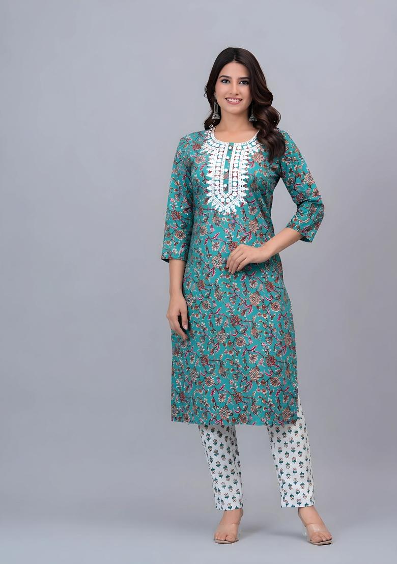 Blue Printed Cotton Kurta Set - Indya