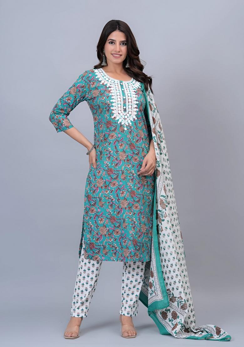 Blue Printed Cotton Kurta Set - Indya