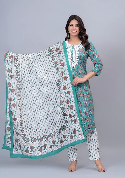 Blue Printed Cotton Kurta Set