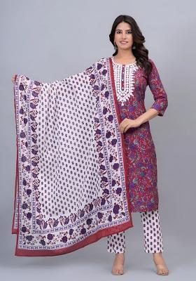 Red Printed Cotton Kurta Set