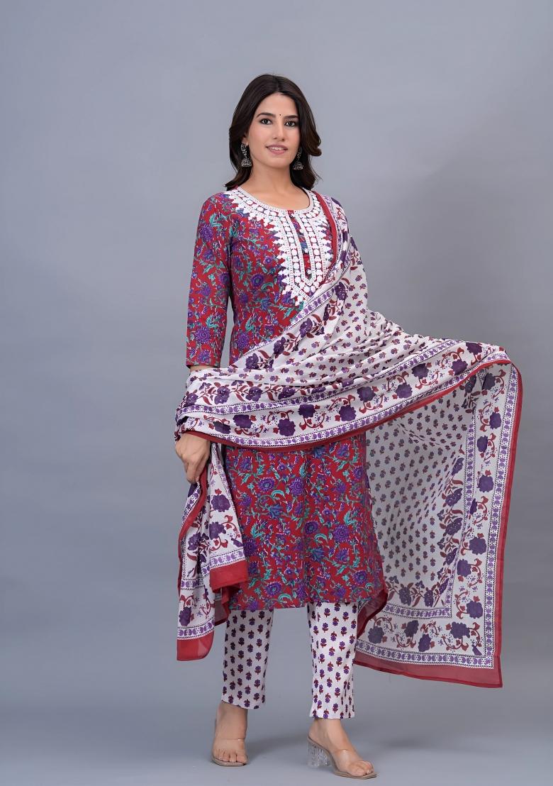 Red Printed Cotton Kurta Set - Indya