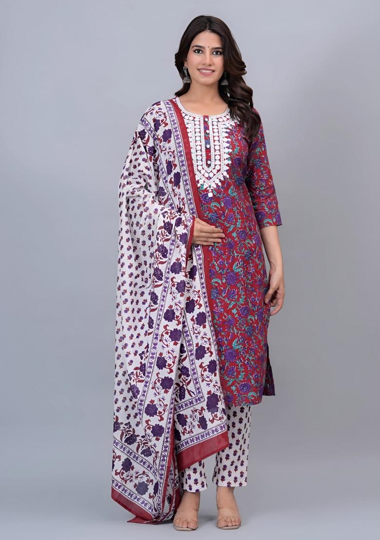 Red Printed Cotton Kurta Set - Indya