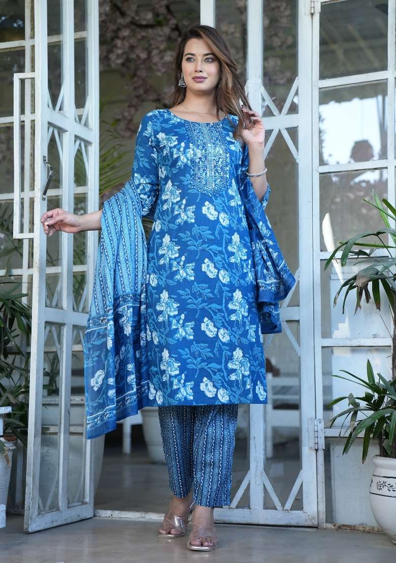 Blue Printed Cotton Kurta Set - Indya