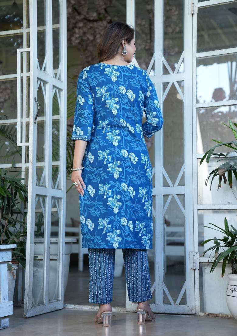 Blue Printed Cotton Kurta Set - Indya