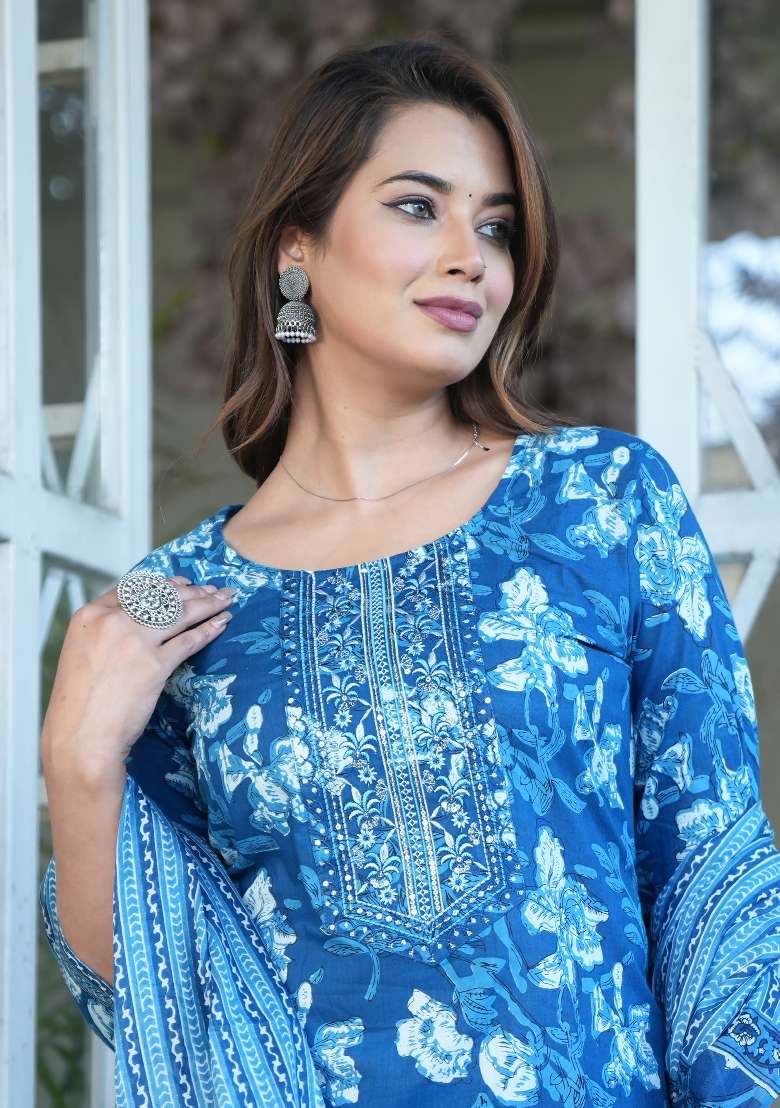 Blue Printed Cotton Kurta Set - Indya