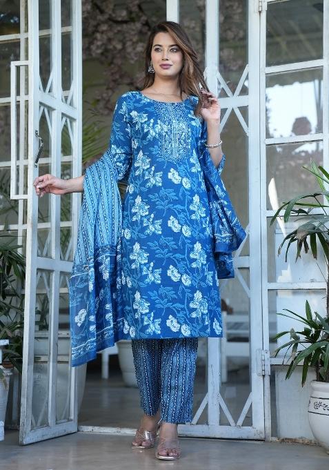 Blue Printed Cotton Kurta Set