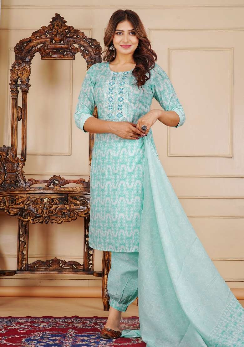 Green Printed Cotton Kurta Set - Indya