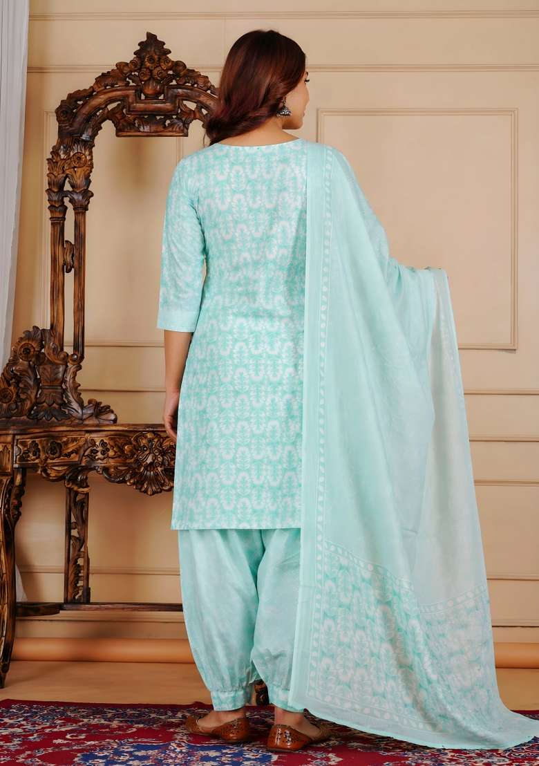 Green Printed Cotton Kurta Set - Indya