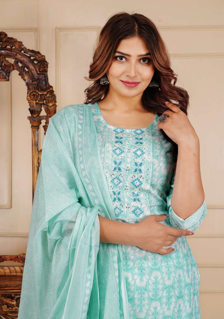 Green Printed Cotton Kurta Set - Indya
