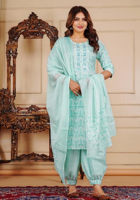 Green Printed Cotton Kurta Set
