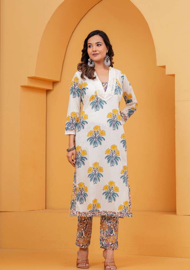Blue Printed Cotton Kurta Set - Indya