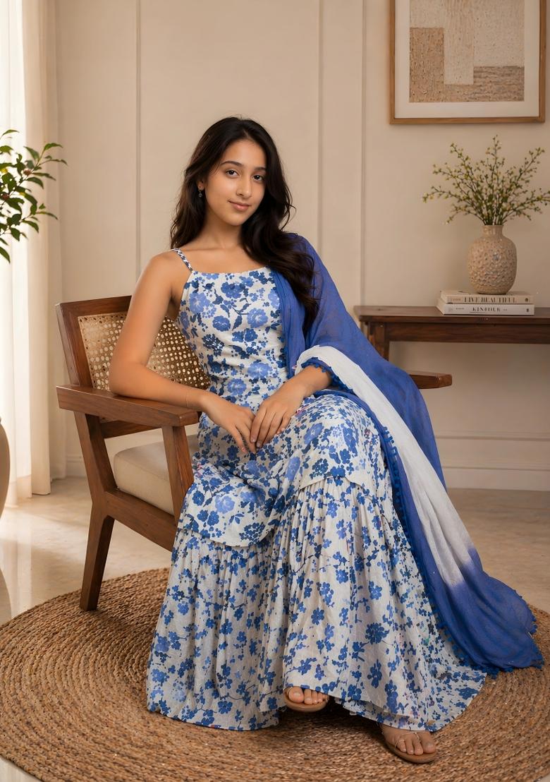 White Printed Cotton Kurta Set - Indya