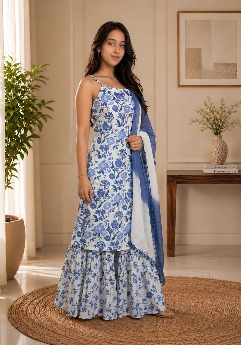 White Printed Cotton Kurta Set