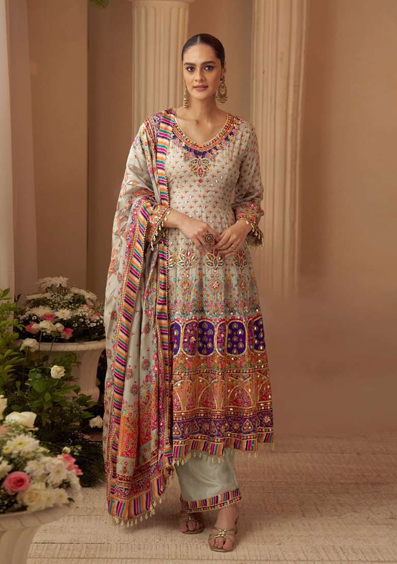 Beige Printed Crepe Salwar Kameez - Indya