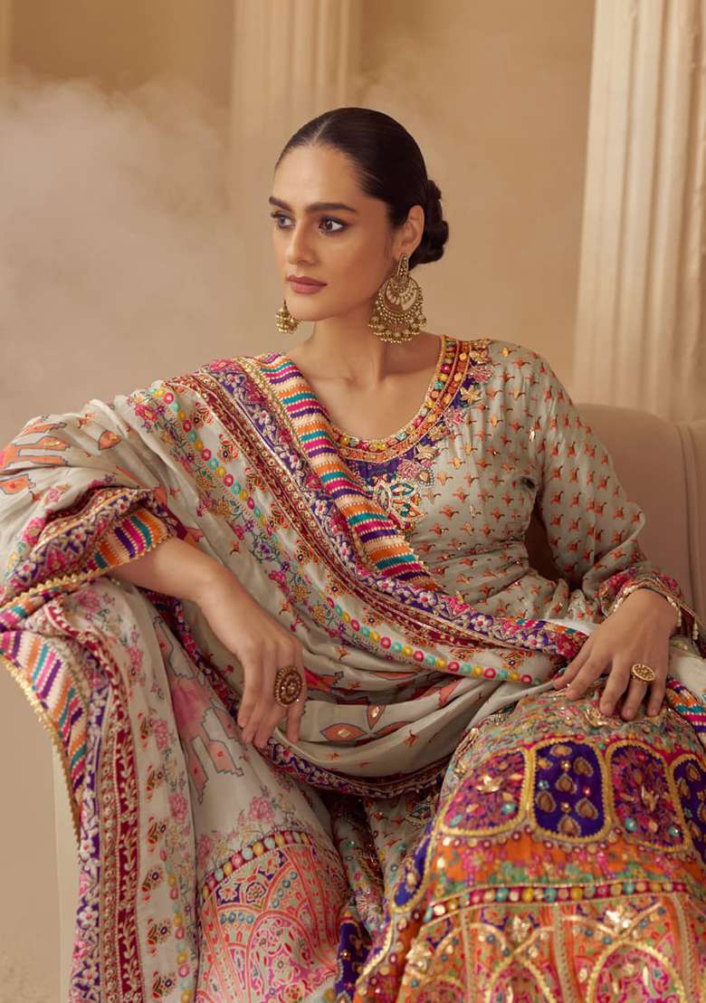 Beige Printed Crepe Salwar Kameez - Indya