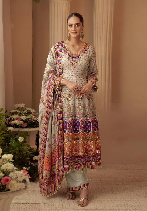Beige Printed Crepe Salwar Kameez
