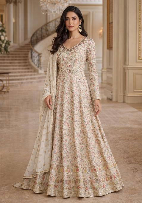 Cream Emboidered Georgette Anarkali With Dupatta