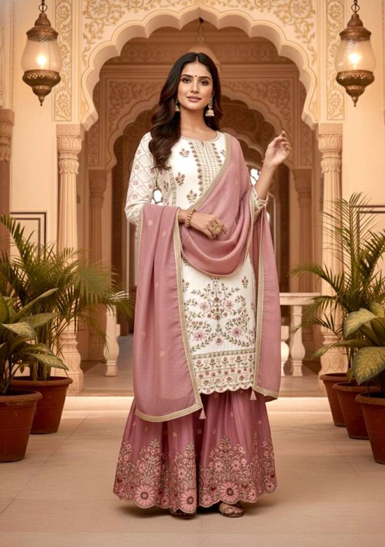 White Emboidered Silk Blend Salwar Kameez - Indya