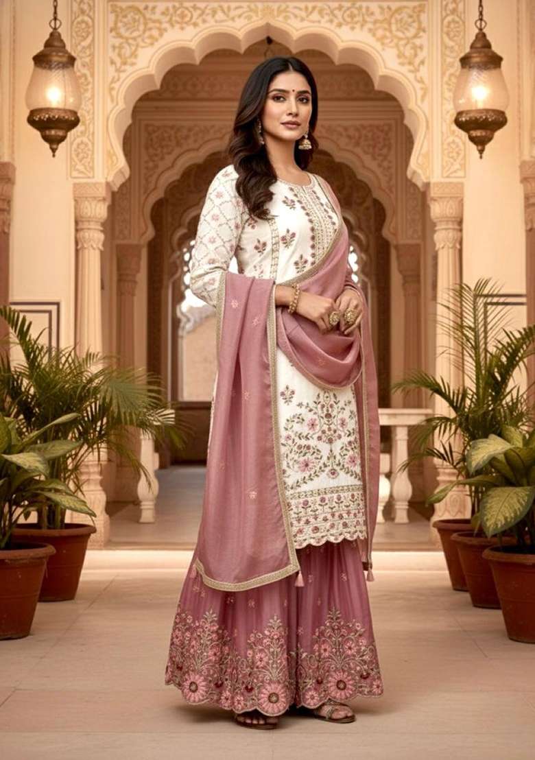 White Emboidered Silk Blend Salwar Kameez - Indya