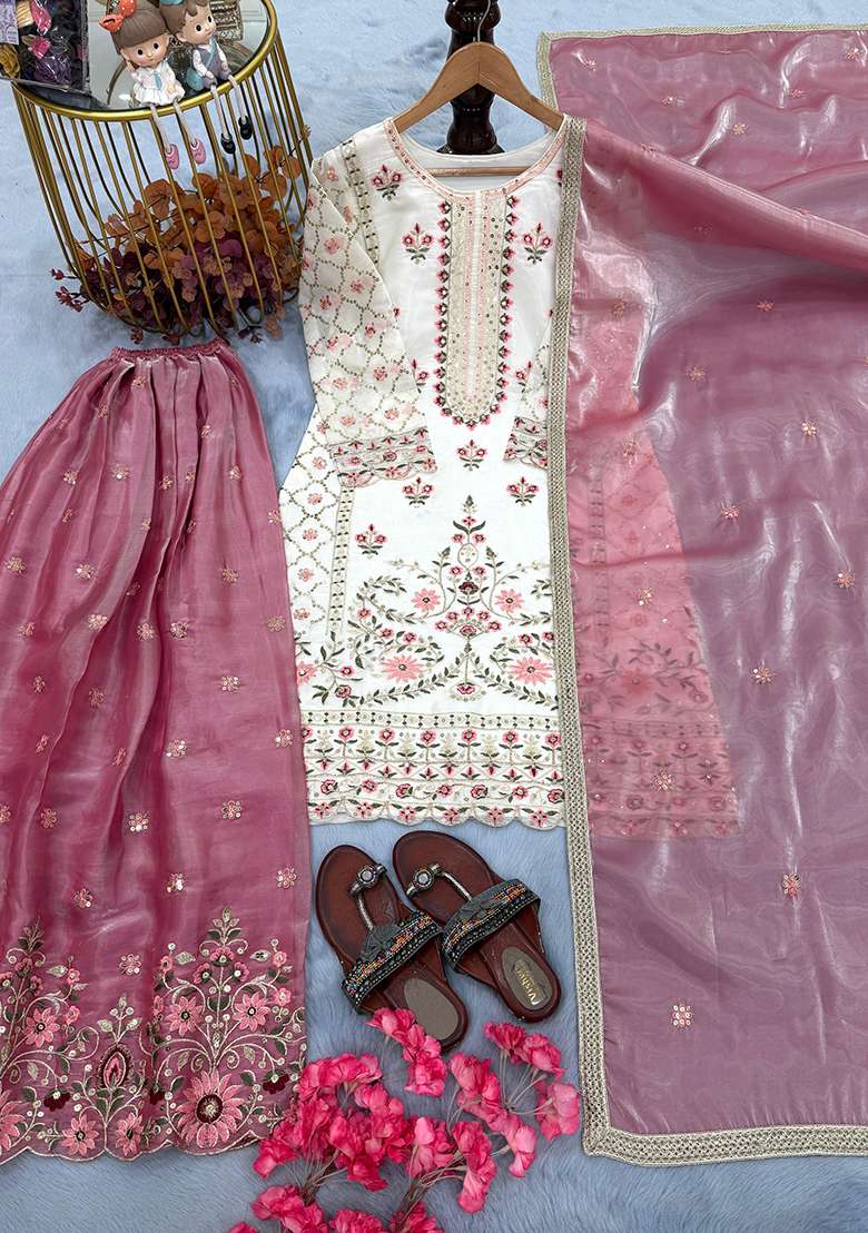 White Emboidered Silk Blend Salwar Kameez - Indya