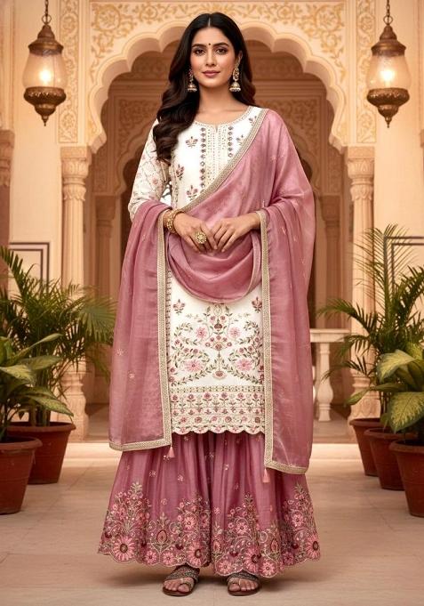 White Emboidered Silk Salwar Kameez