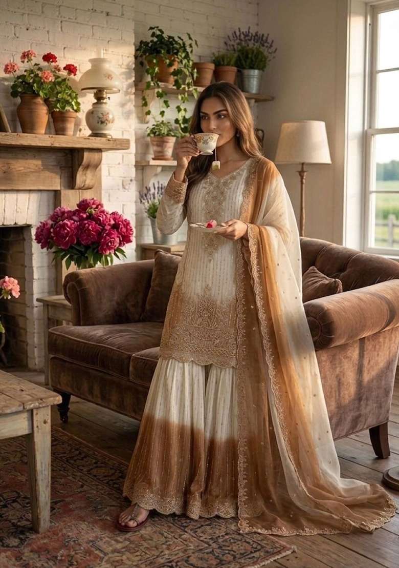 White Emboidered Georgette Salwar Kameez - Indya