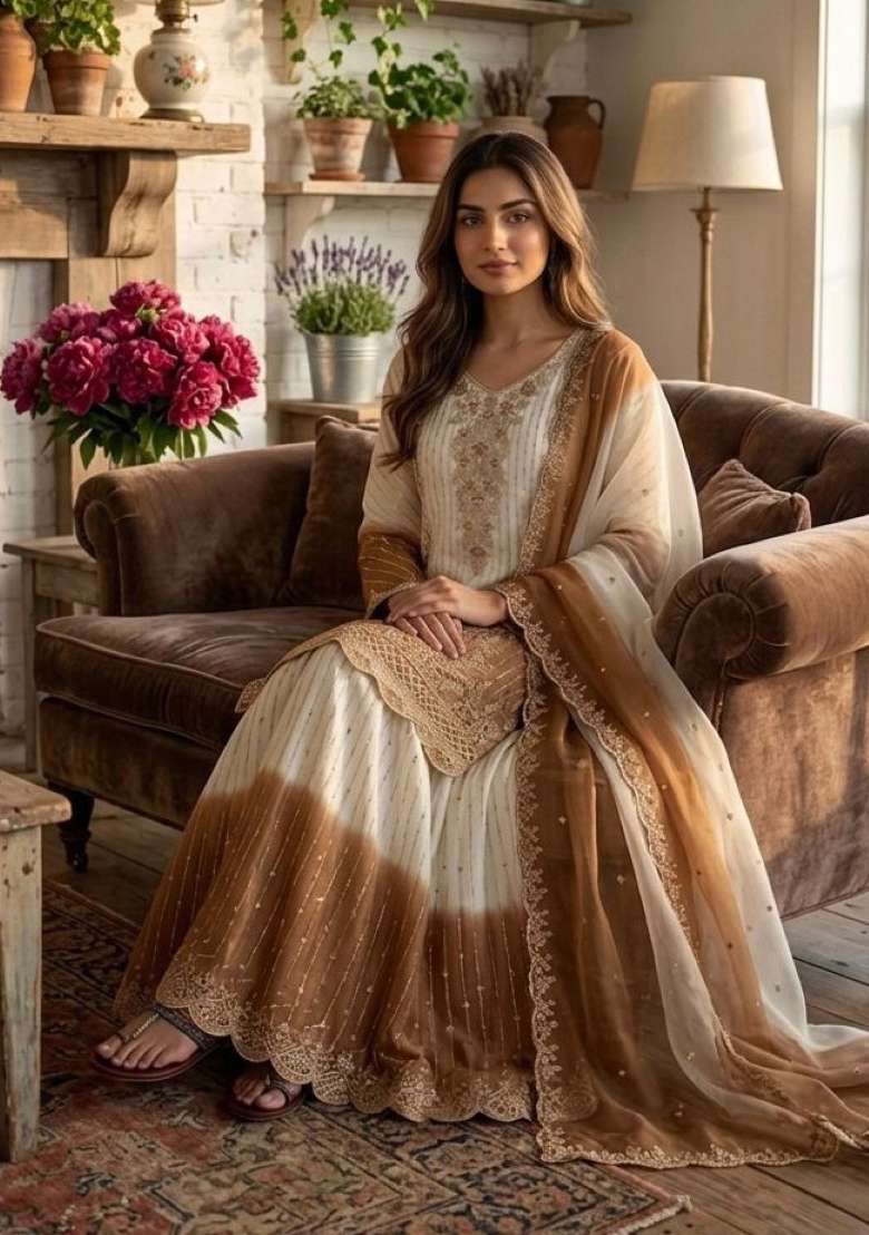 White Emboidered Georgette Salwar Kameez - Indya