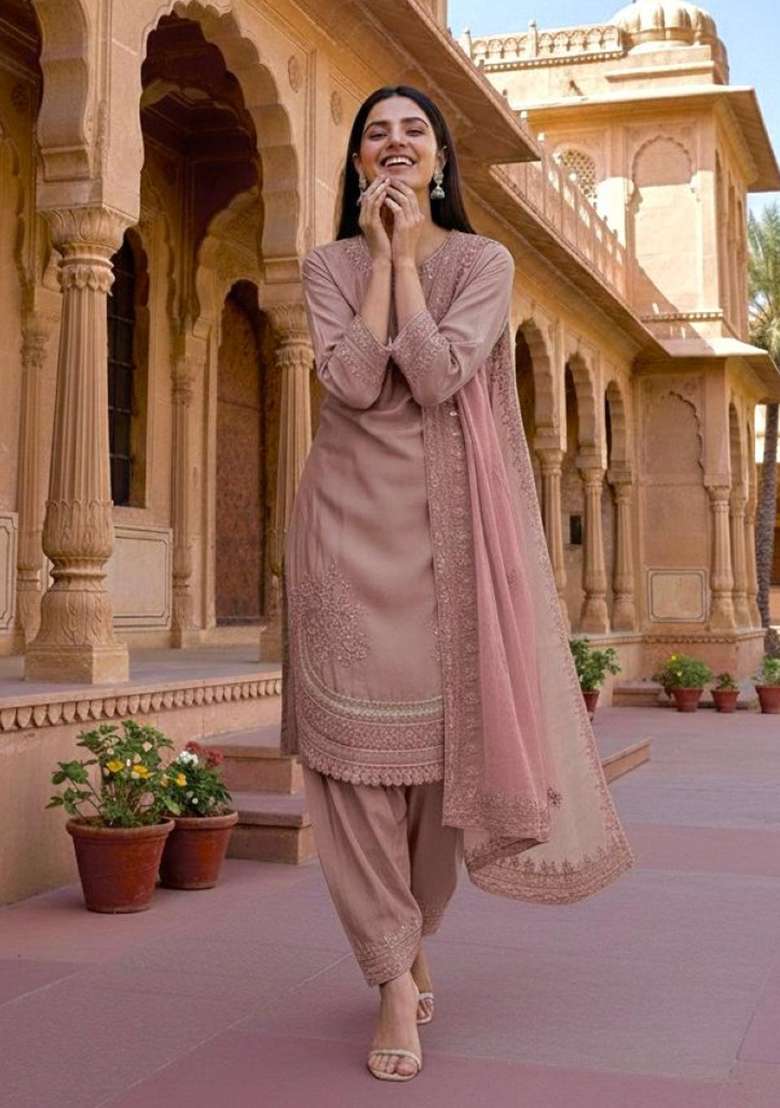 Pink Emboidered Crepe Salwar Kameez - Indya