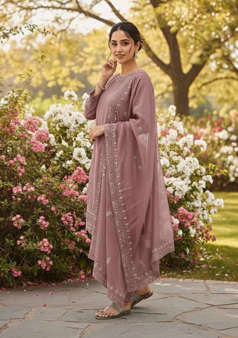 Pink Emboidered Crepe Salwar Kameez - Indya