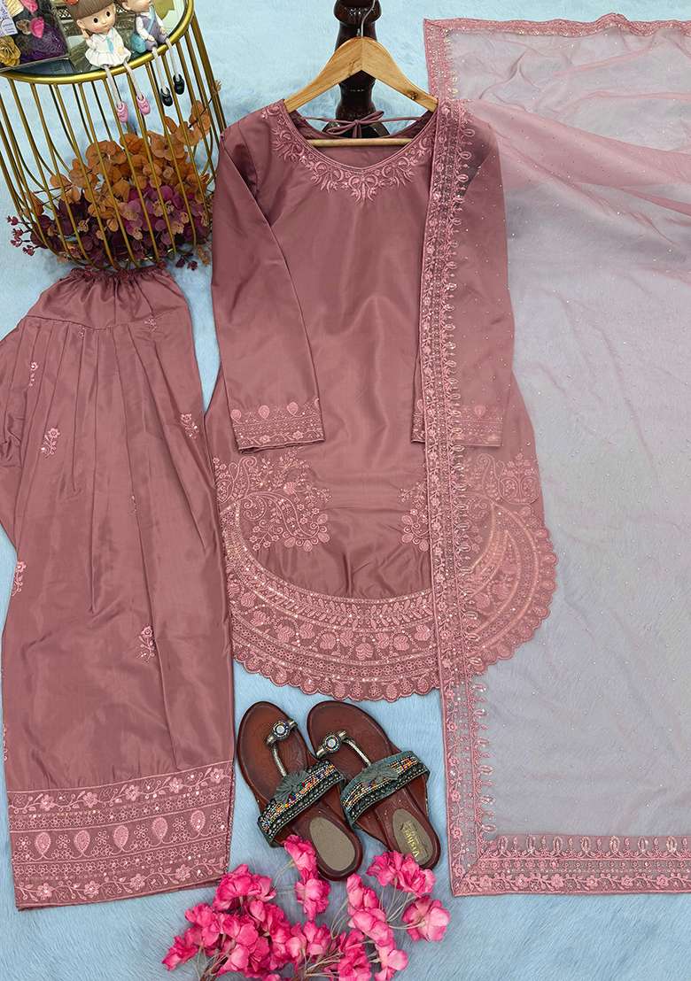 Pink Emboidered Crepe Salwar Kameez - Indya