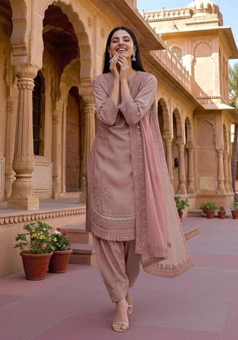 Pink Emboidered Crepe Salwar Kameez — view on Indya