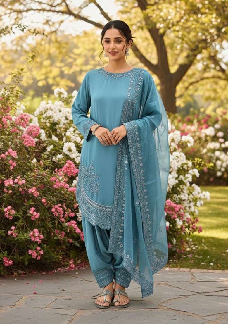Blue Emboidered Crepe Salwar Kameez - Indya