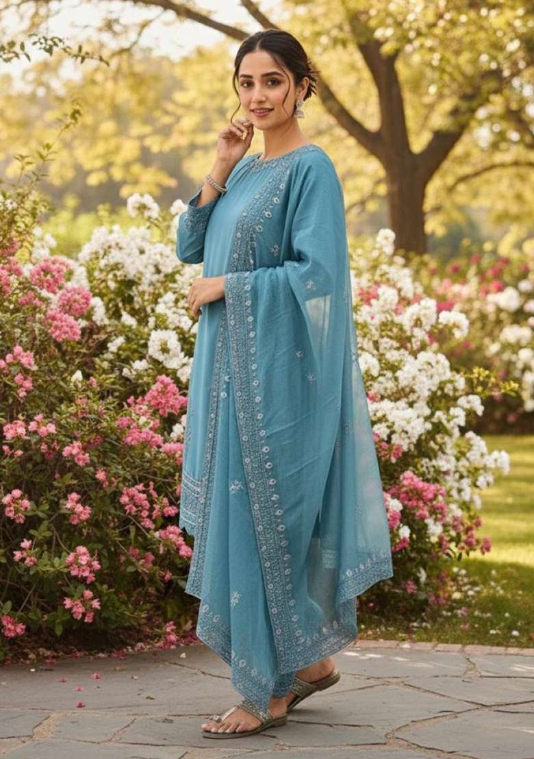 Blue Emboidered Crepe Salwar Kameez - Indya
