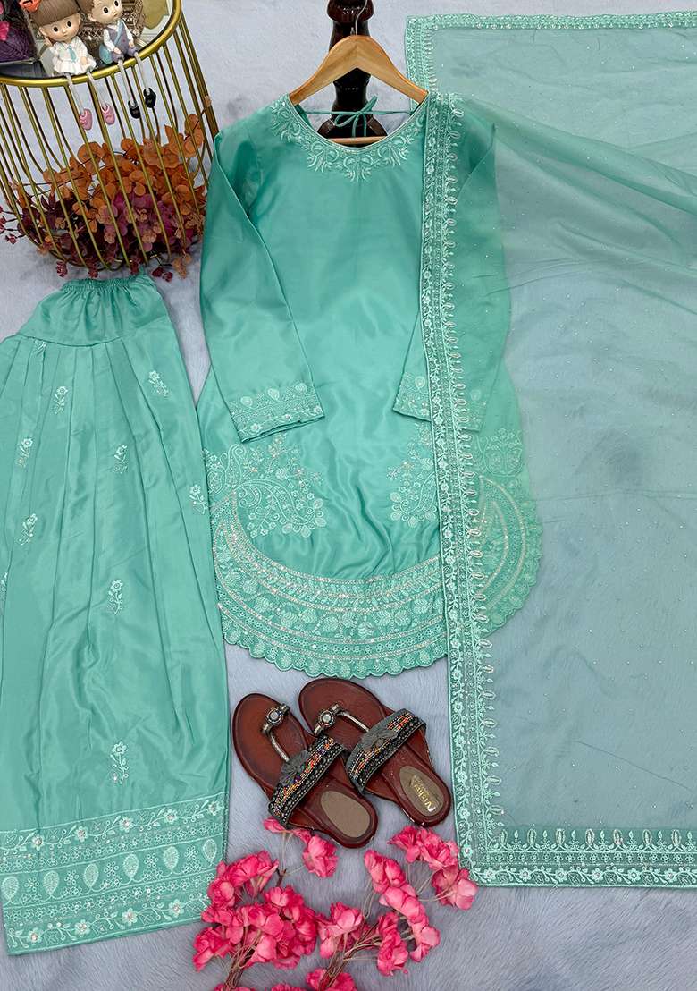 Sky Blue Emboidered Crepe Salwar Kameez - Indya