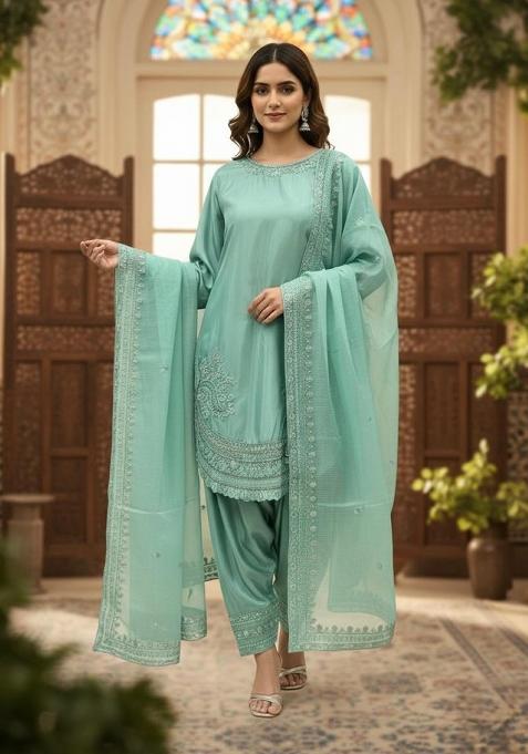 Sky Blue Emboidered Crepe Salwar Kameez