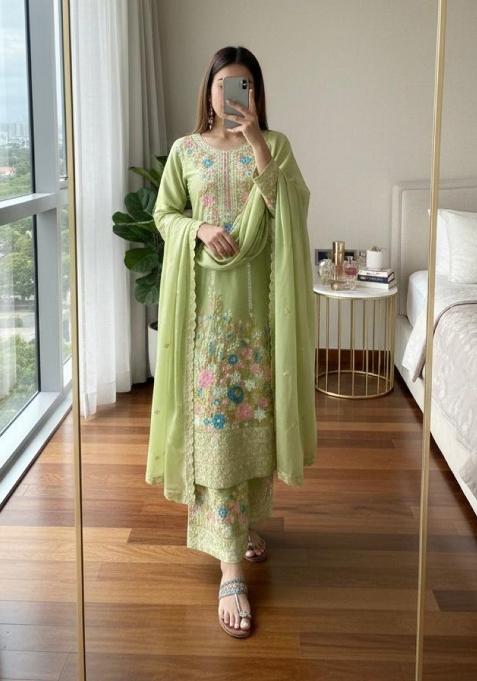 Green Emboidered Chinon Salwar Kameez