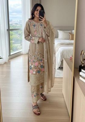 Beige Emboidered Chinon Salwar Kameez