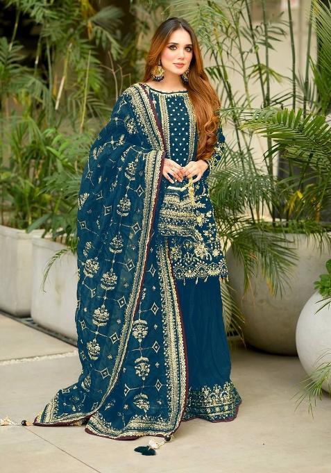 Teal Emboidered Georgette Salwar Kameez — view on Indya