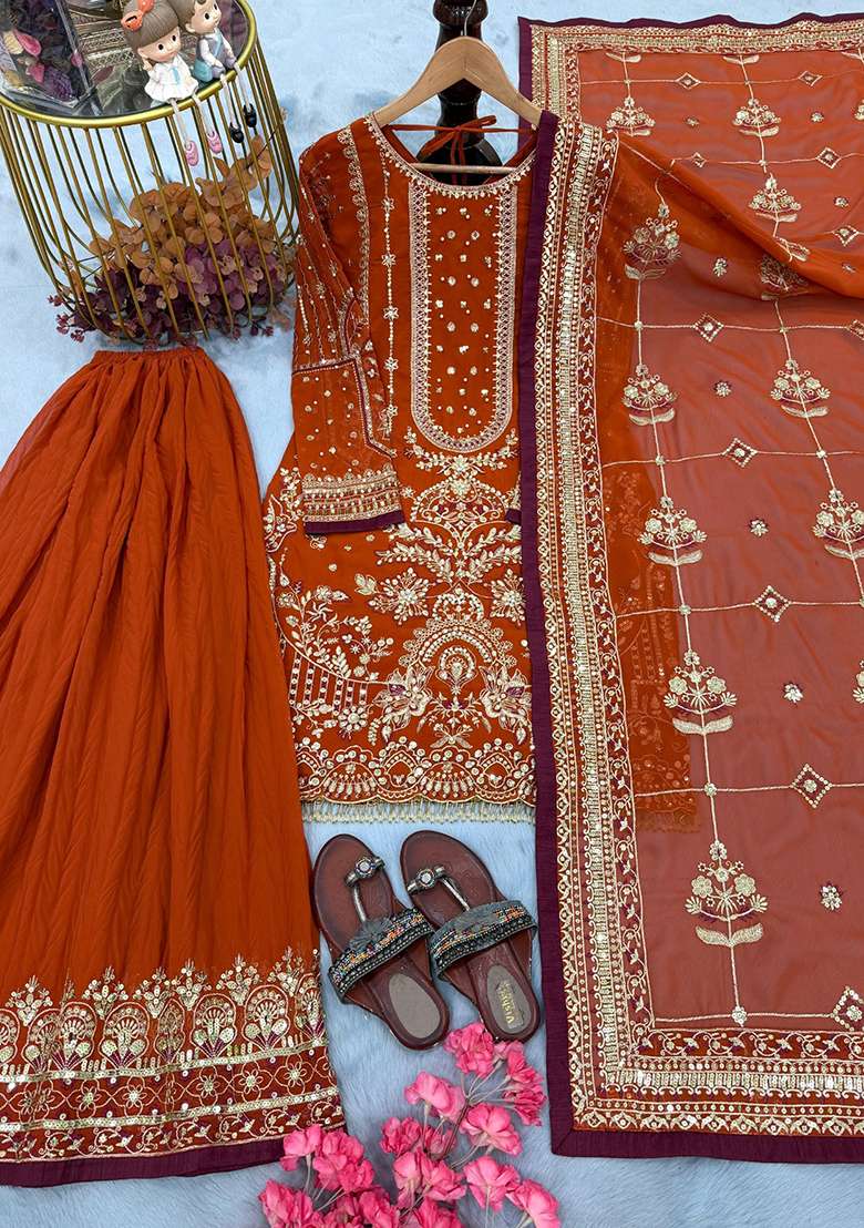 Orange Emboidered Georgette Salwar Kameez - Indya
