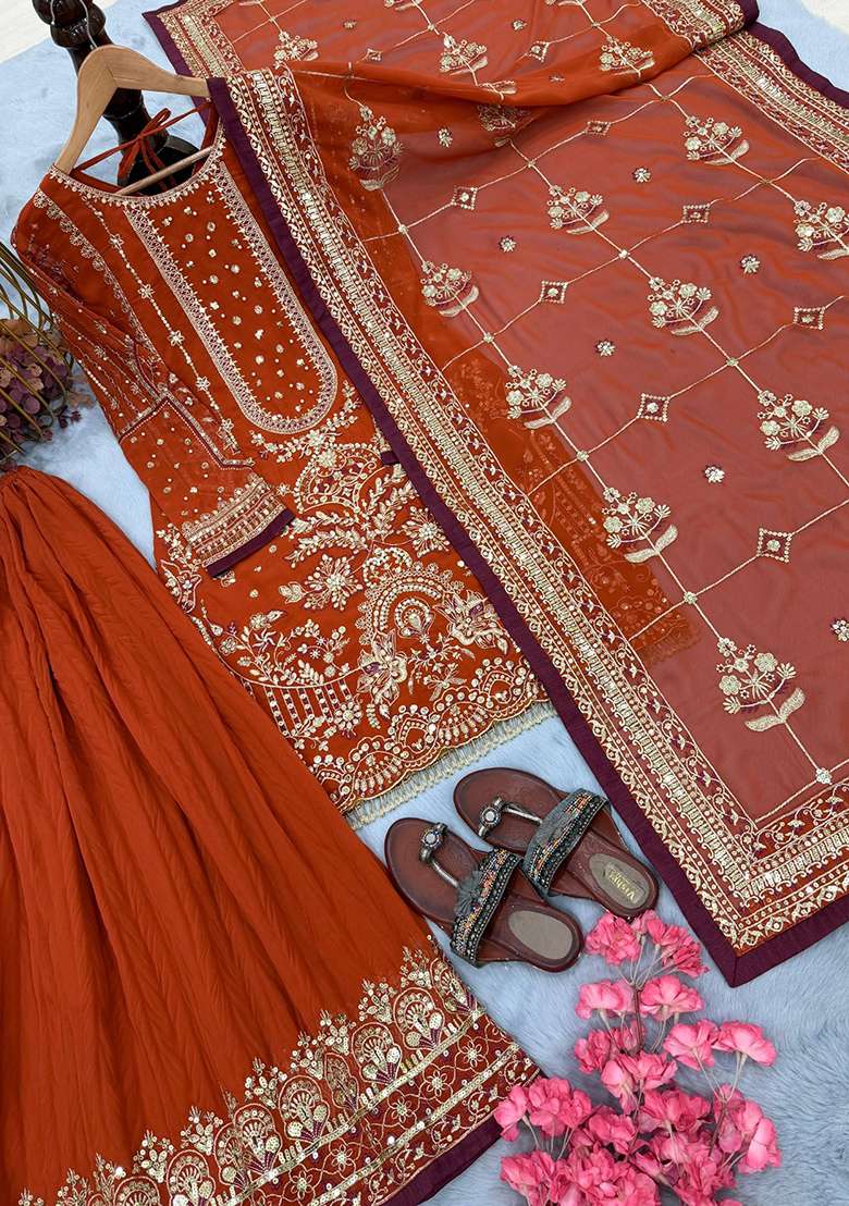Orange Emboidered Georgette Salwar Kameez - Indya