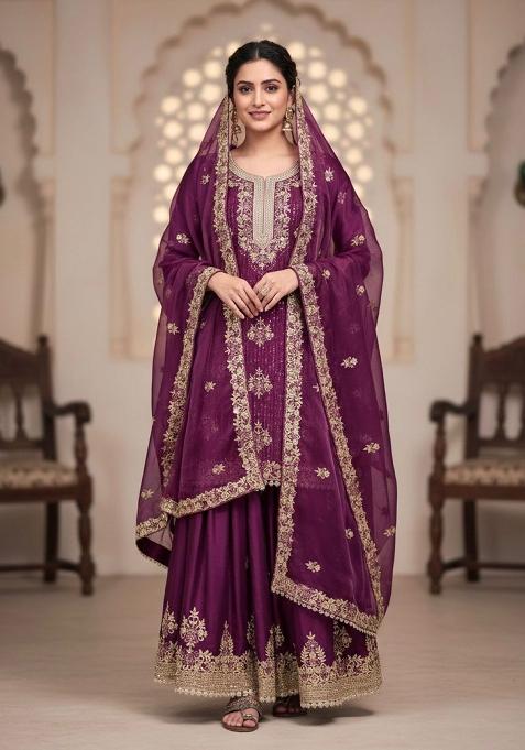 Purple Emboidered Silk Salwar Kameez