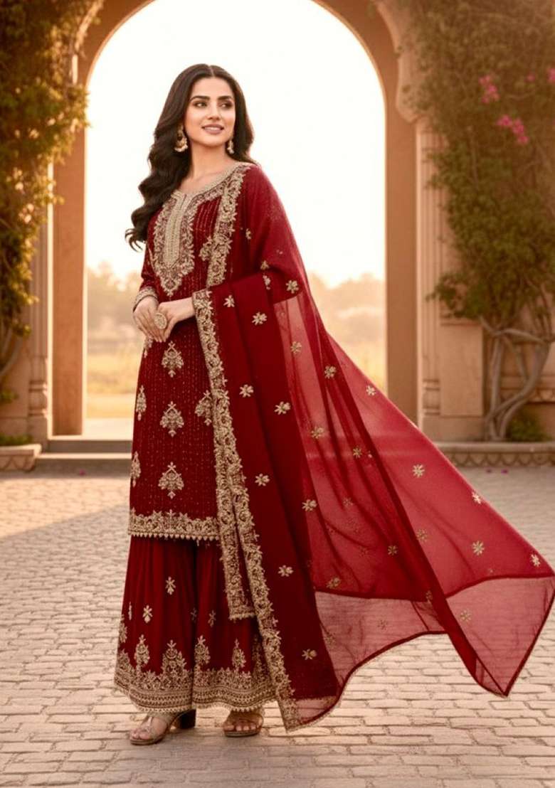 Maroon Emboidered Silk Blend Salwar Kameez - Indya