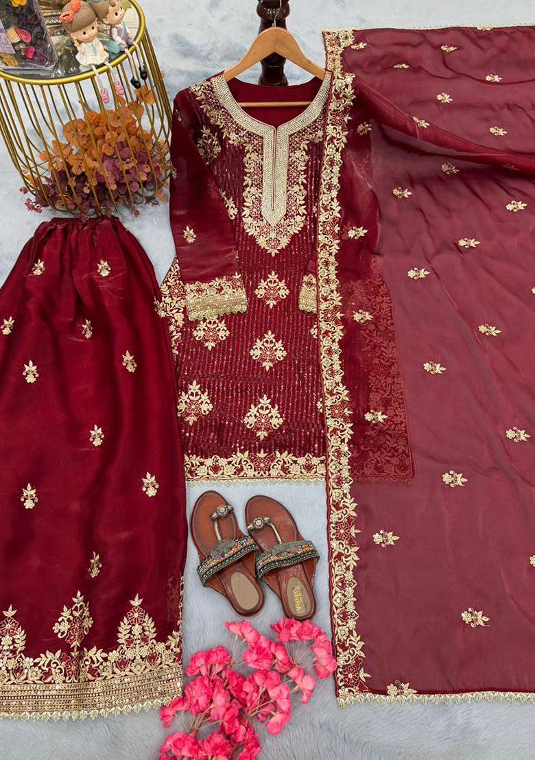 Maroon Emboidered Silk Blend Salwar Kameez - Indya