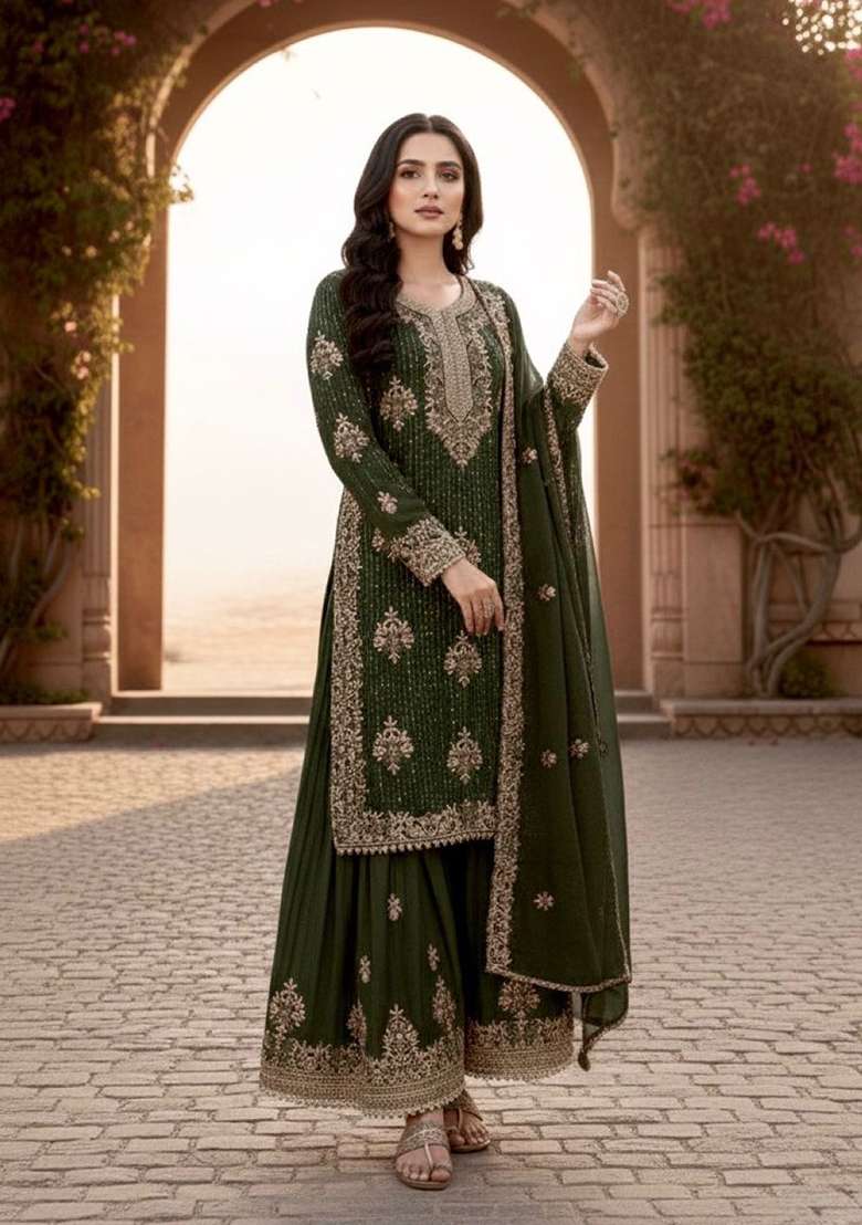 Mehendi Emboidered Silk Blend Salwar Kameez - Indya