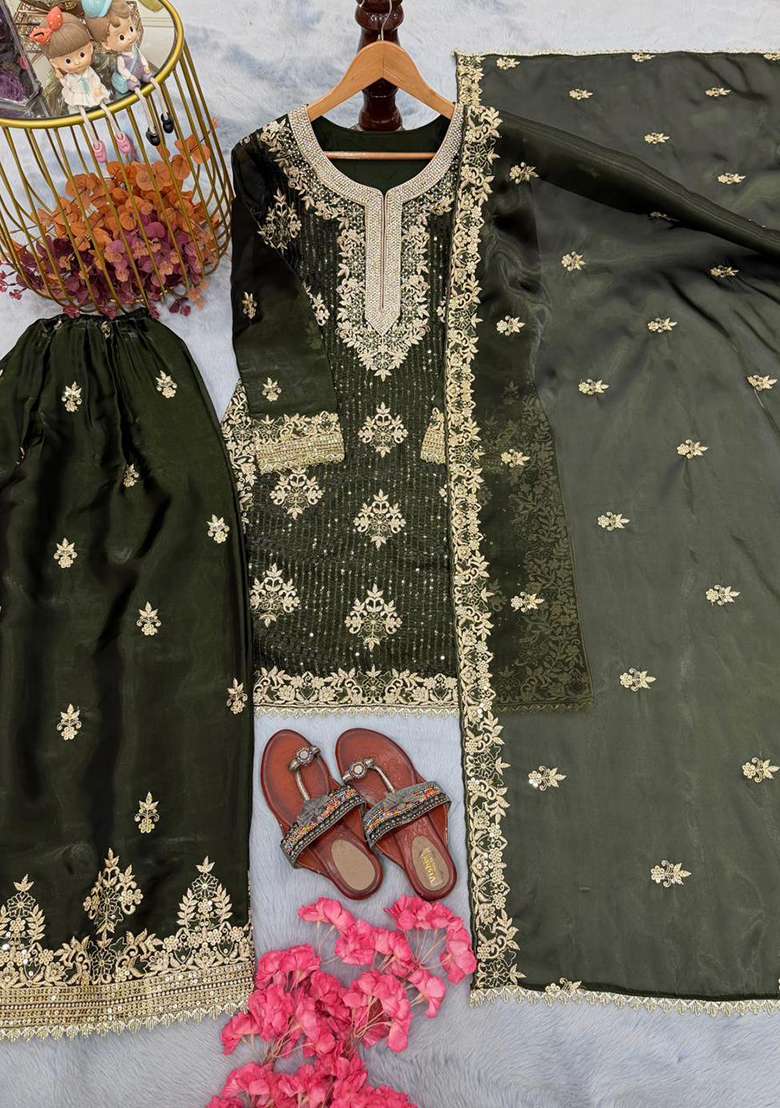 Mehendi Emboidered Silk Blend Salwar Kameez - Indya